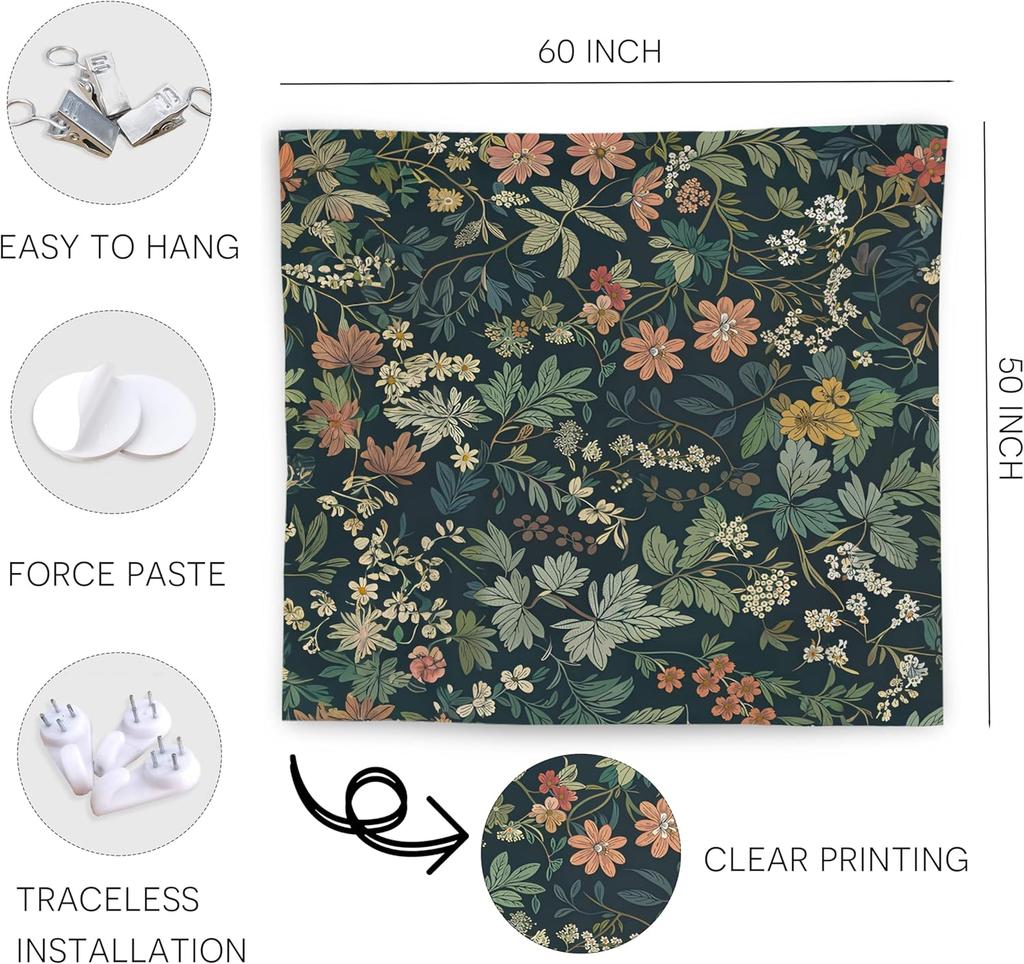 Dark Green Floral Botanical Tapestry Wall Hanging,Cottage Core Decor,Nature Rustic Cottagecore Flower Plants Wall Blanket Decor