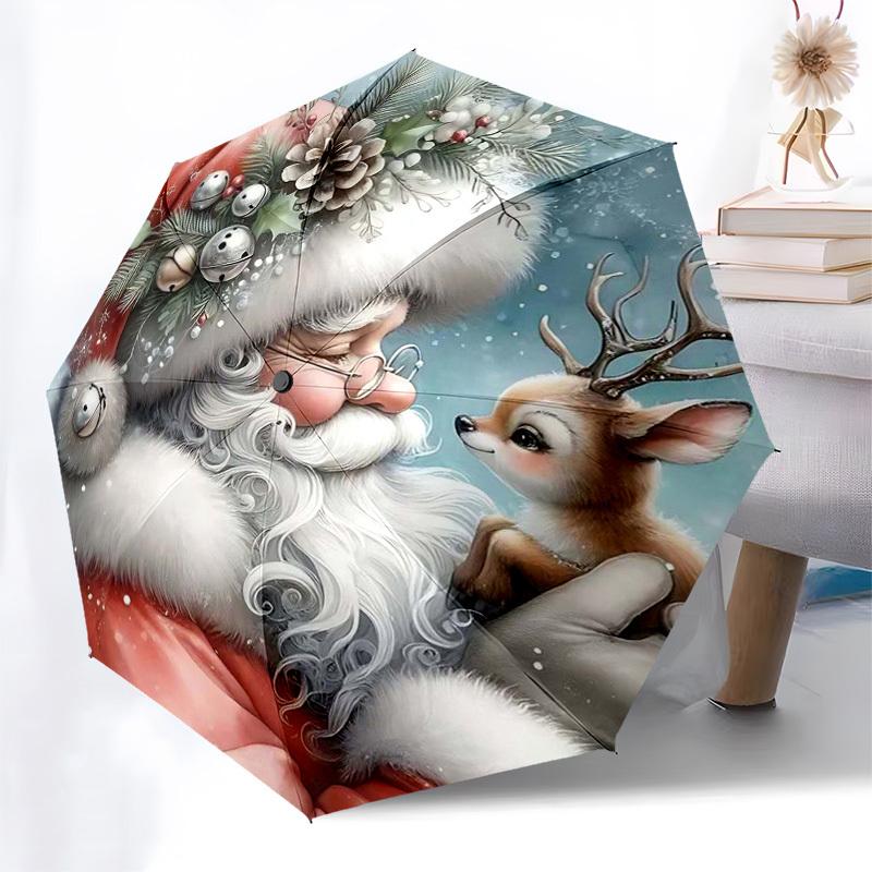 

1pc Christmas Santa Claus Deer Design Automatic Opening/Closing Umbrella, Foldable 3-Tier Design, 8-Bone Iron Frame Outdoor Umbrella, Festive Gift for