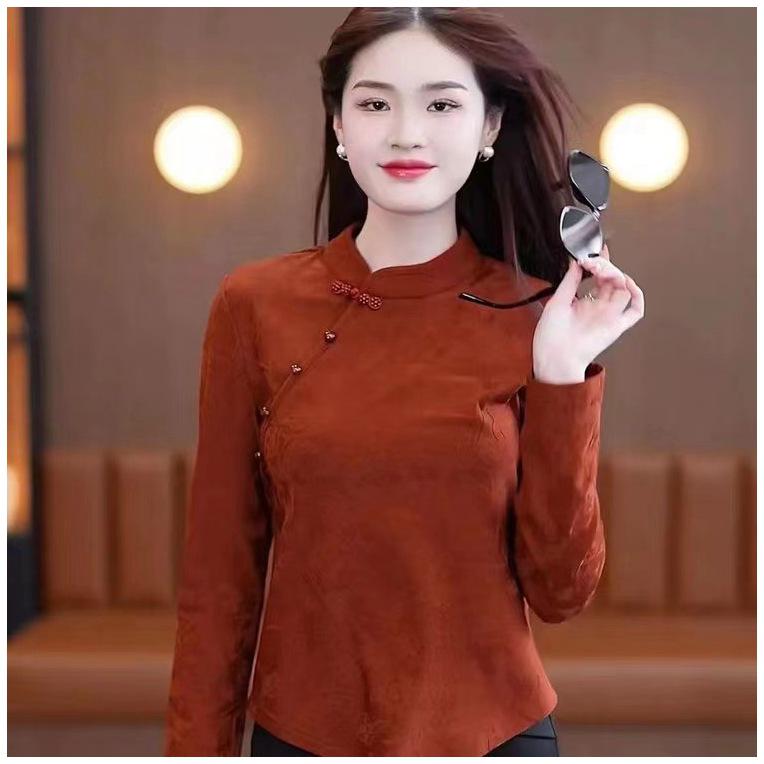 

Китайская ретро этническая женская рубашка с длинным рукавом и воротником-стойкой на флисовой подкладке 3XL, recommended 57.5-62.5 kg красный/ржавый