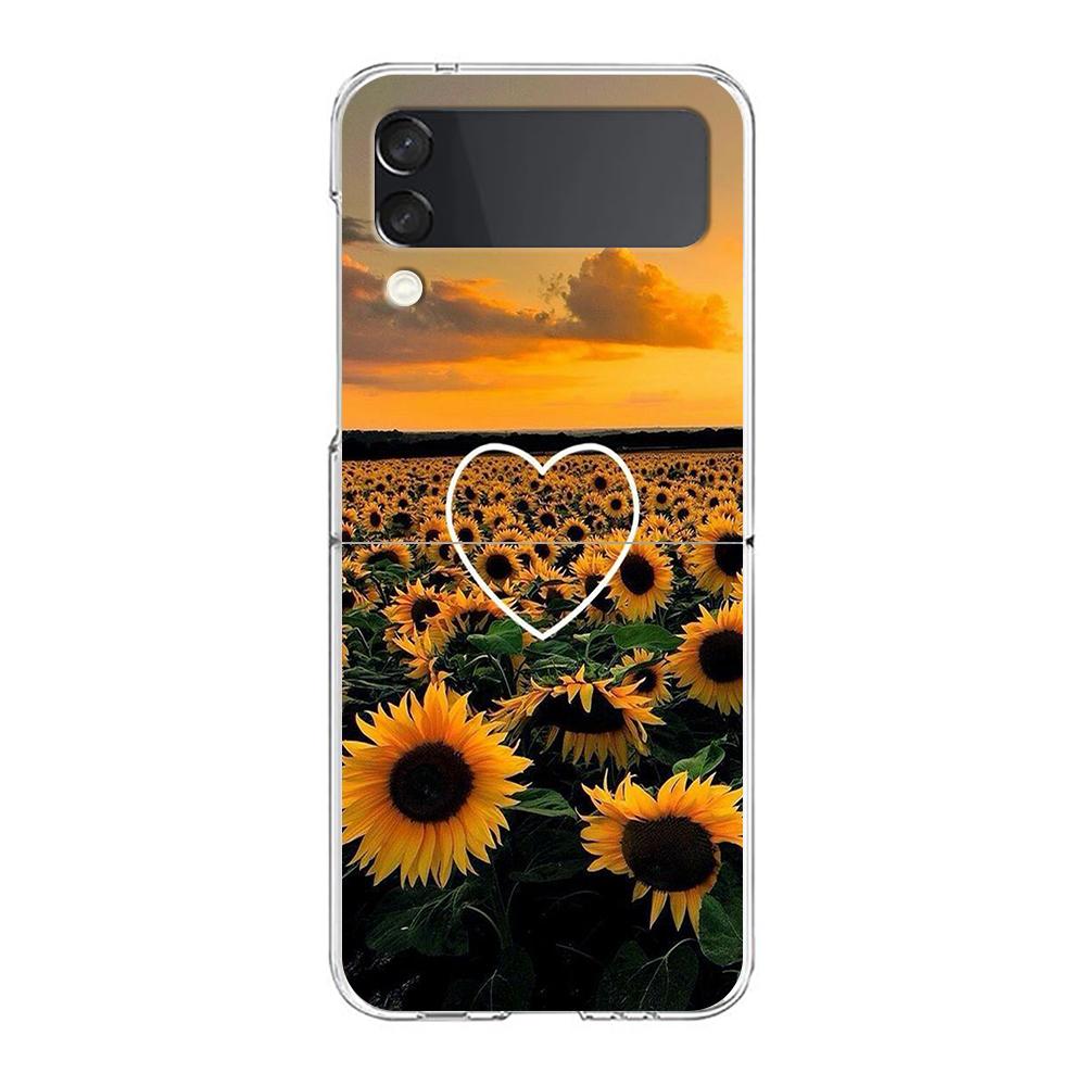 Phone Case For Samsung Galaxy Z Flip 3 4 5 Hard Folding Clear PC For Samsung Z Flip 6 Back Cover Beautiful Yellow Sunflower