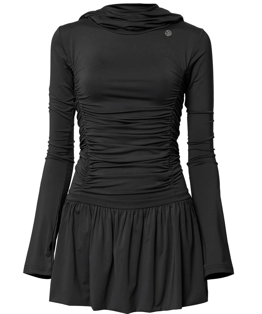 Peulleeoeob Hooded High Neck Long Dress (Fl-185_Black)