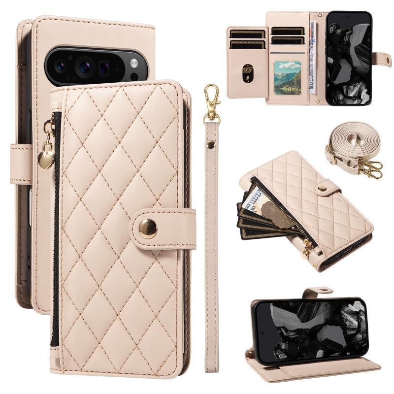 Long Lanyard Leather Zipper Flip Purse Phone Case For Google Pixel 10 Pro XL 9 9A 8 8A 7A 7 6A Wrist Strap Wallet Card Cover Bag