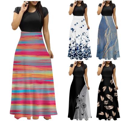 Women's Summer Fashion Casual Vintage Printed Crewneck Short Sleeve Maxi Skirt