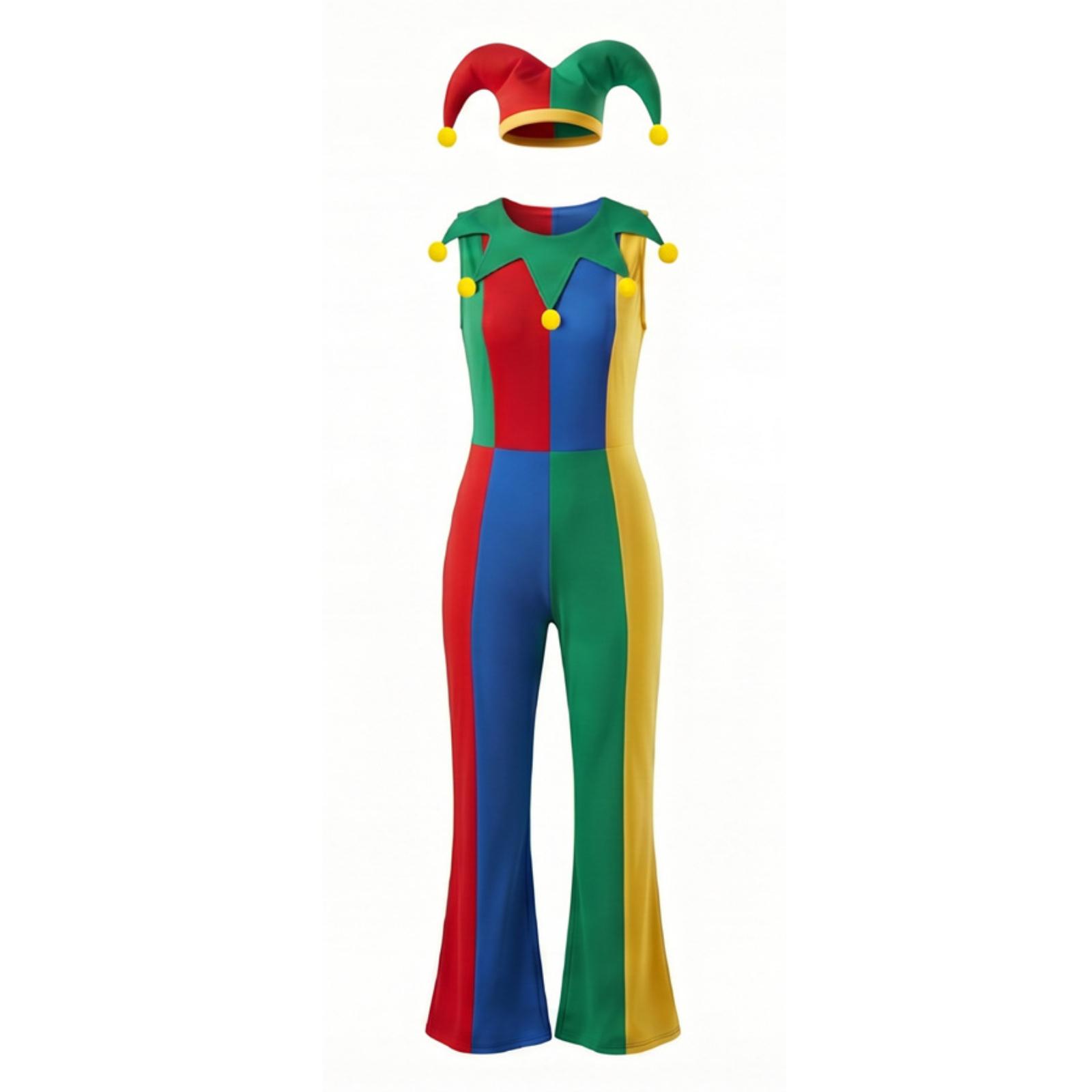 

Jester Costume Jumpsuit with Bell Trimmed Collar and Matching Hat for Stage Performance Halloween Party Wear S