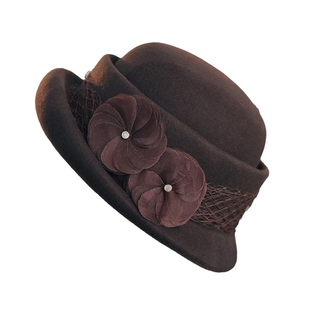 Bucket hat autumn and winter women's new product handmade silk flower elegant irregular wool hat retro warm felt hat top hat