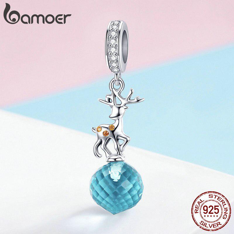 Bamoer Real 925 Sterling Silver Christmas Deer Lovely Elk Pendant Blue Crystal Charms Fit Bracelets