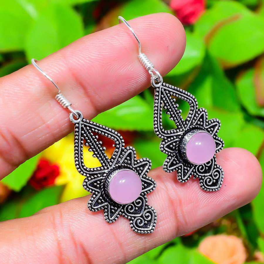 Rose Quartz Gemstone Handmade 925 Sterling Silver Jewelry Earring 2.09" H3N23