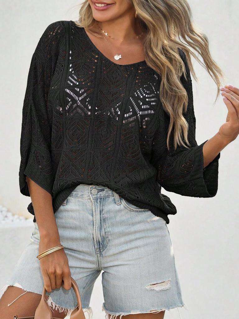 Women's Crochet Hollow Out Cover Up Top Off Shoulder Three Quarter Sleeve Mesh Beachwear