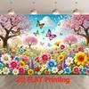 2D Colorful Spring Backdrop, Peach Blossom Garden with Butterflies Photography Background for All Occasions