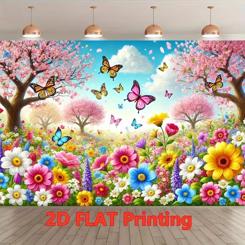 2D Colorful Spring Backdrop, Peach Blossom Garden with Butterflies Photography Background for All Occasions