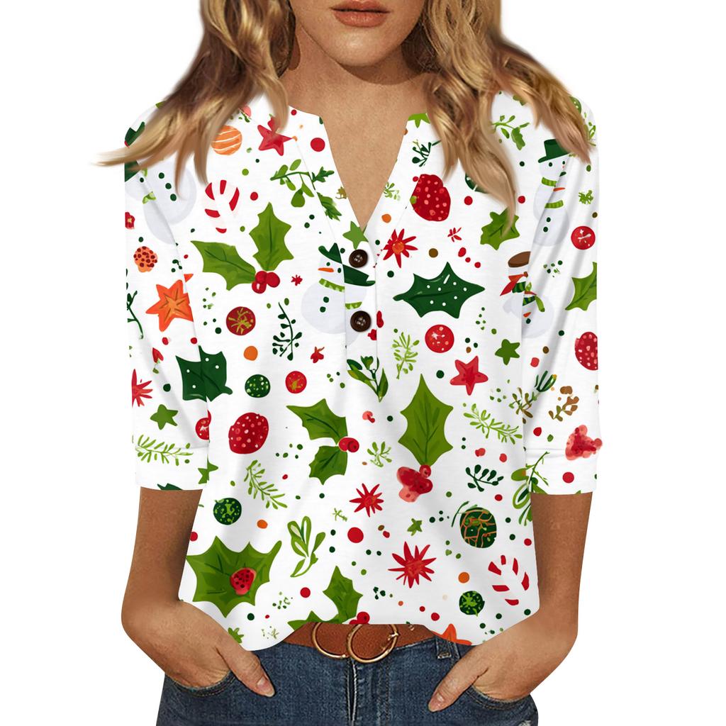 Women's T Shirt Print Button 3/4 Sleeve Daily Weekend Fashion Basic V- Neck Regular Top