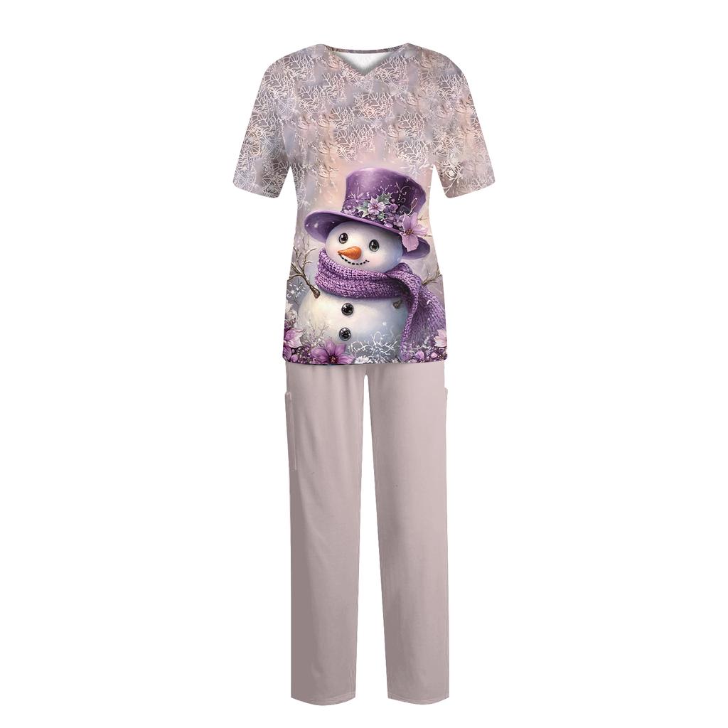 Women's Fashion Print Short Sleeve V Neck Pattern Tops Pocket Working Set