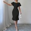 Women's Short Puff Sleeve Bodycon Dresses Crew Neck Ruffle Mermaid Hem Dress Cocktail Wedding