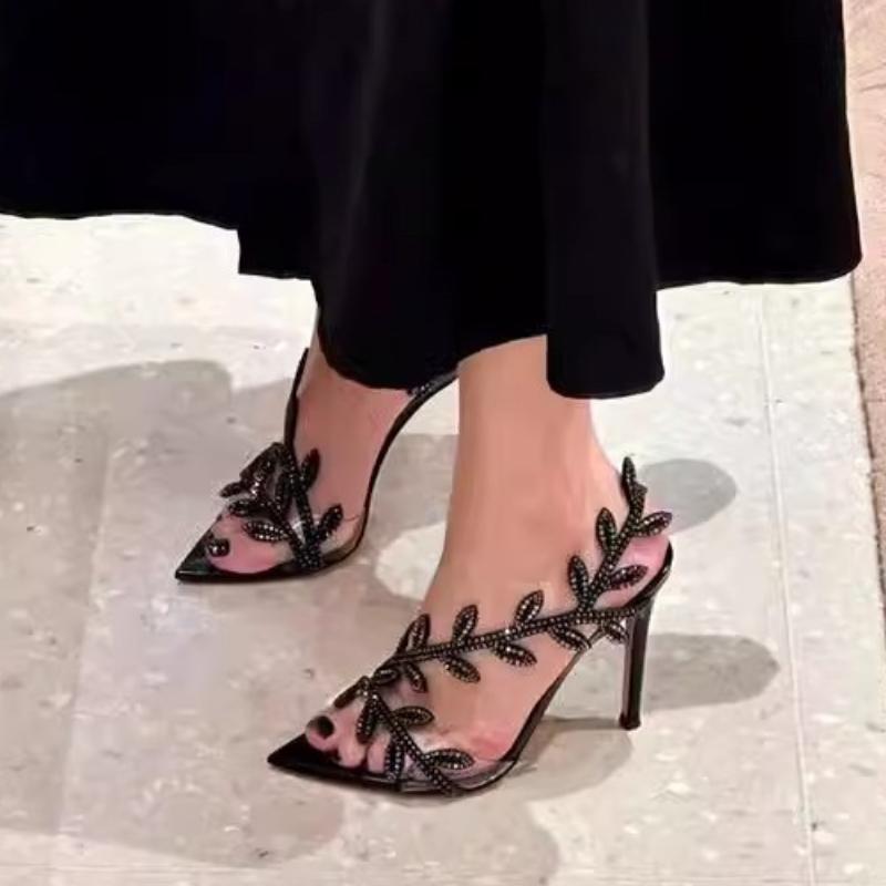 

Fashion 2025 Summer New Pointy Gold High Heels Women s Stiletto Leaves Elegant Fairy Sexy Banquet Transparent Sandals 35 чёрный