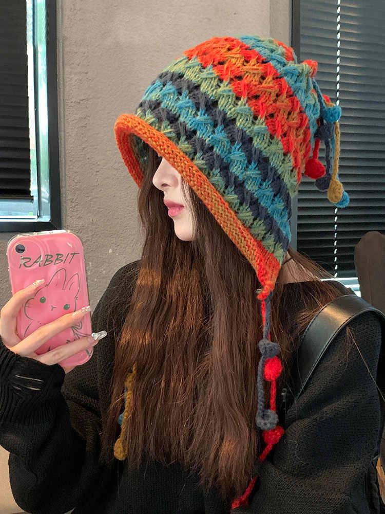 

Женская разноцветная шерстяная шапка Kawanishi - Толстая теплая вязаная шапка с защитой ушей и кисточками для осени/зимы One Size