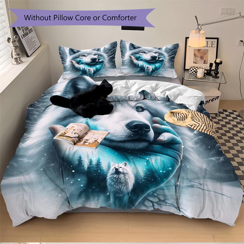 3pcs Wolf amidst Snowy Forests Bedding Set - 1 Soft Quilt Cover + 2 Pillowcases, Machine Washable - Suitable