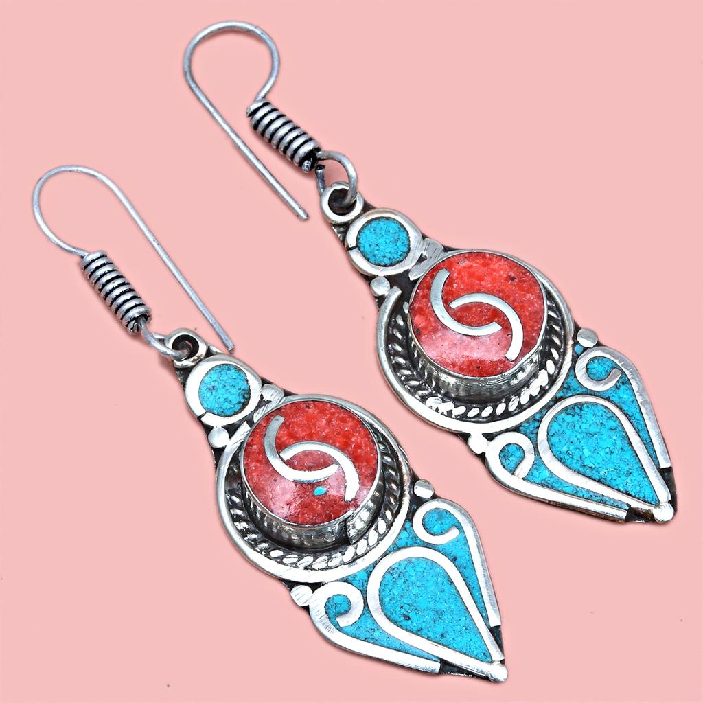 Nepali Tibetan Turquise Lapis Lazuli Gemstone Silver Jewelry Earring 1.5''