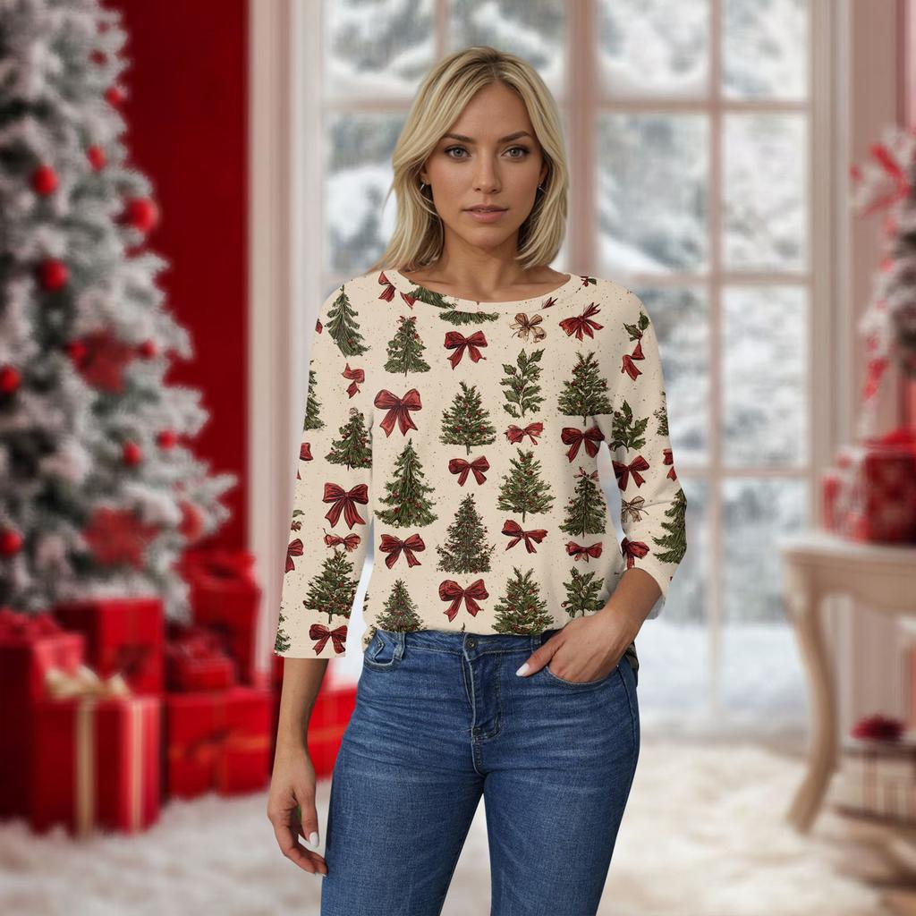 Women's O-Neck 3/4 Sleeve Christmas Print Top