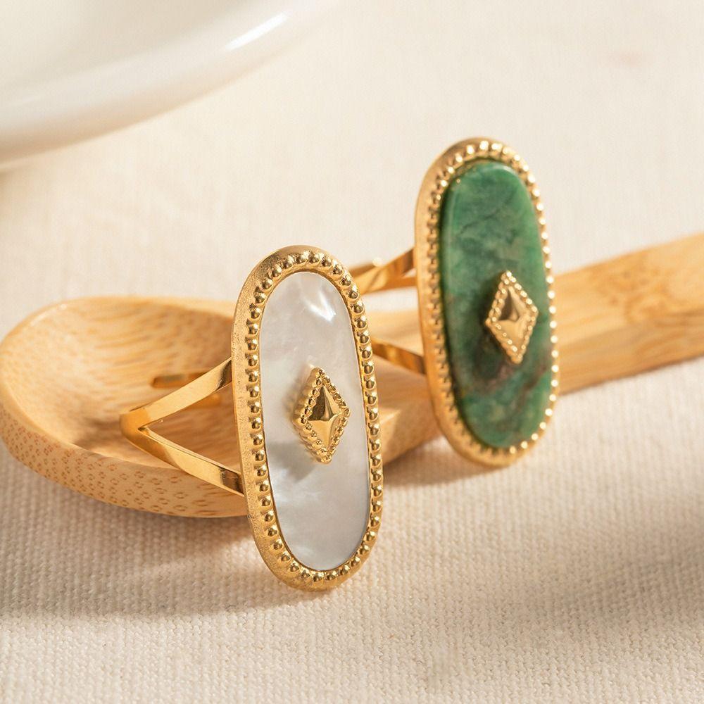 Creative Exquisite Vintage Open Rings Simple Shell Oval Stone Rings Stainless Steel Women Jewelry Exaggerated Finger Ring Women