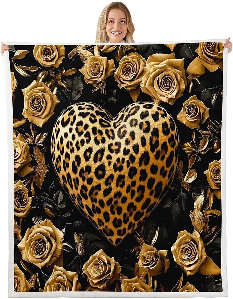 GUOYU Blanket Wild Cheetah Kids Throw BlanketLeopard Yellow Rose Floral Bed BlanketAnima Flower Heart Girls Boys Sofa DecorYellow Black
