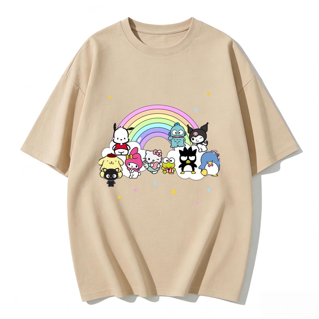 2026 New Sanrio Characters Rainbow Cartoon Print Tshirt Family Matching Outfits Casual Short Sleeve Tee for Women Unisex Kids Tees