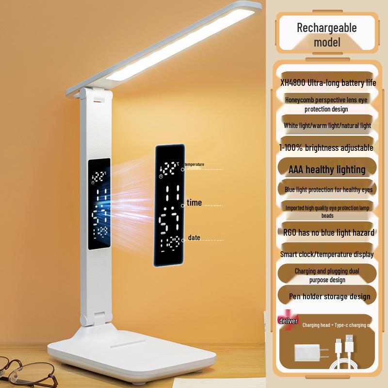 Rechargeable LED Desk Lamp: Eye-Protecting, Foldable, Three-Color Dimming for Students and Bedside Use