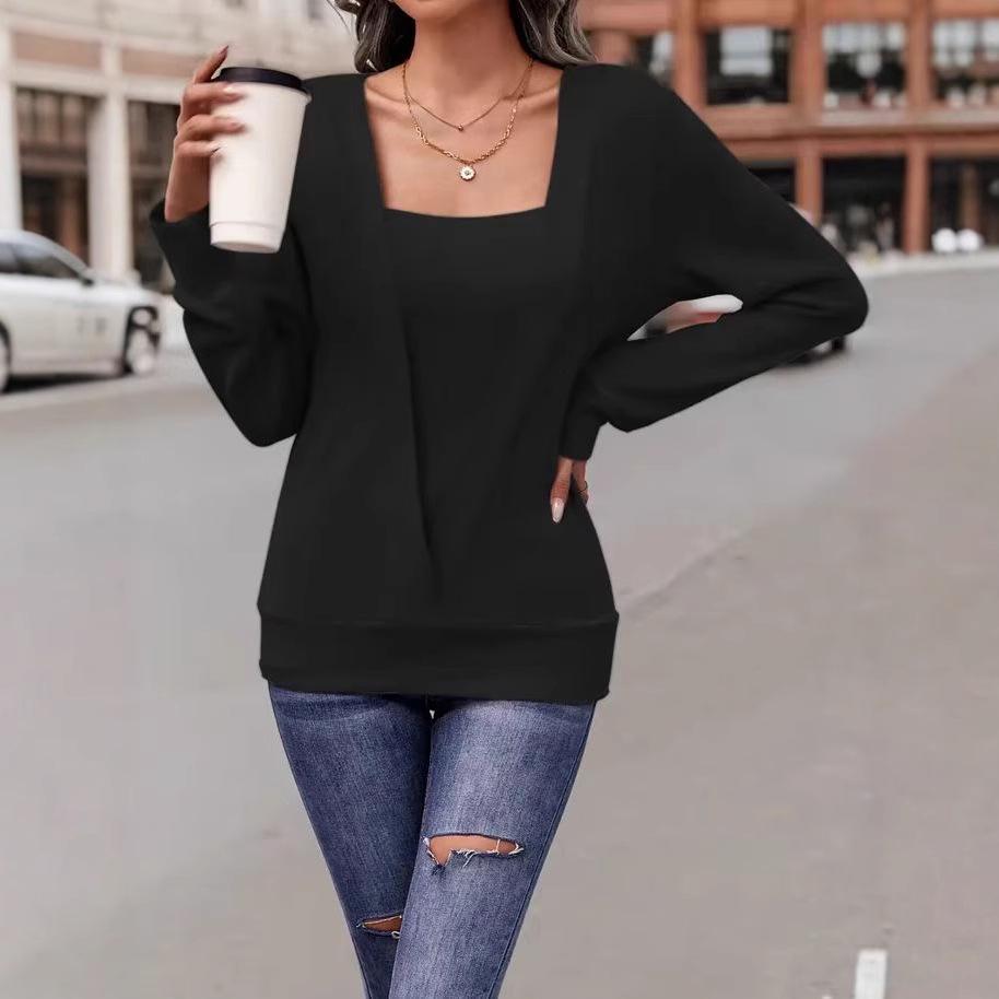 2024 Solid Color Square Neck Two-Piece Look Long Sleeve Casual Women's Autumn/Winter Wear