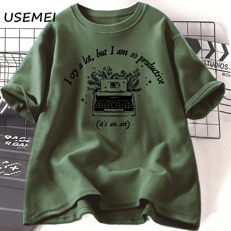 

Футболка «Я много плачу, но так продуктивна» Футболки Tortured Poets Хлопковые футболки с коротким рукавом и графическим принтом Летняя женская футболка большого размера L