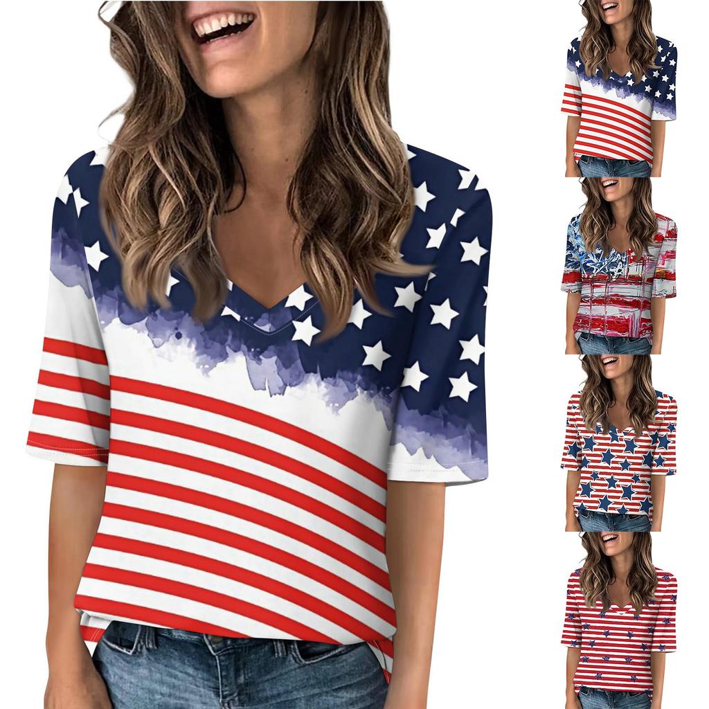 Women's V Neck T Shirts Half Sleeve Tops Printed Casual Summer Tees T Shirt Blouse