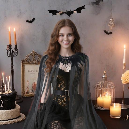 Dámský černý péřový šál, pláštík, ramenní zábal, gotická péřová nárameníková pelerína, krajkový límec s tylovým závojem, halloweenský kostýmní doplněk