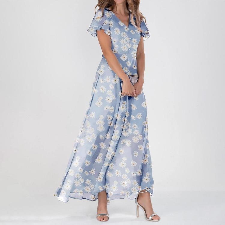 Cute Floral Maxi Dresses for Women Summer Casual Wedding Guest Chiffon Flowing Short Sleeve Dresses