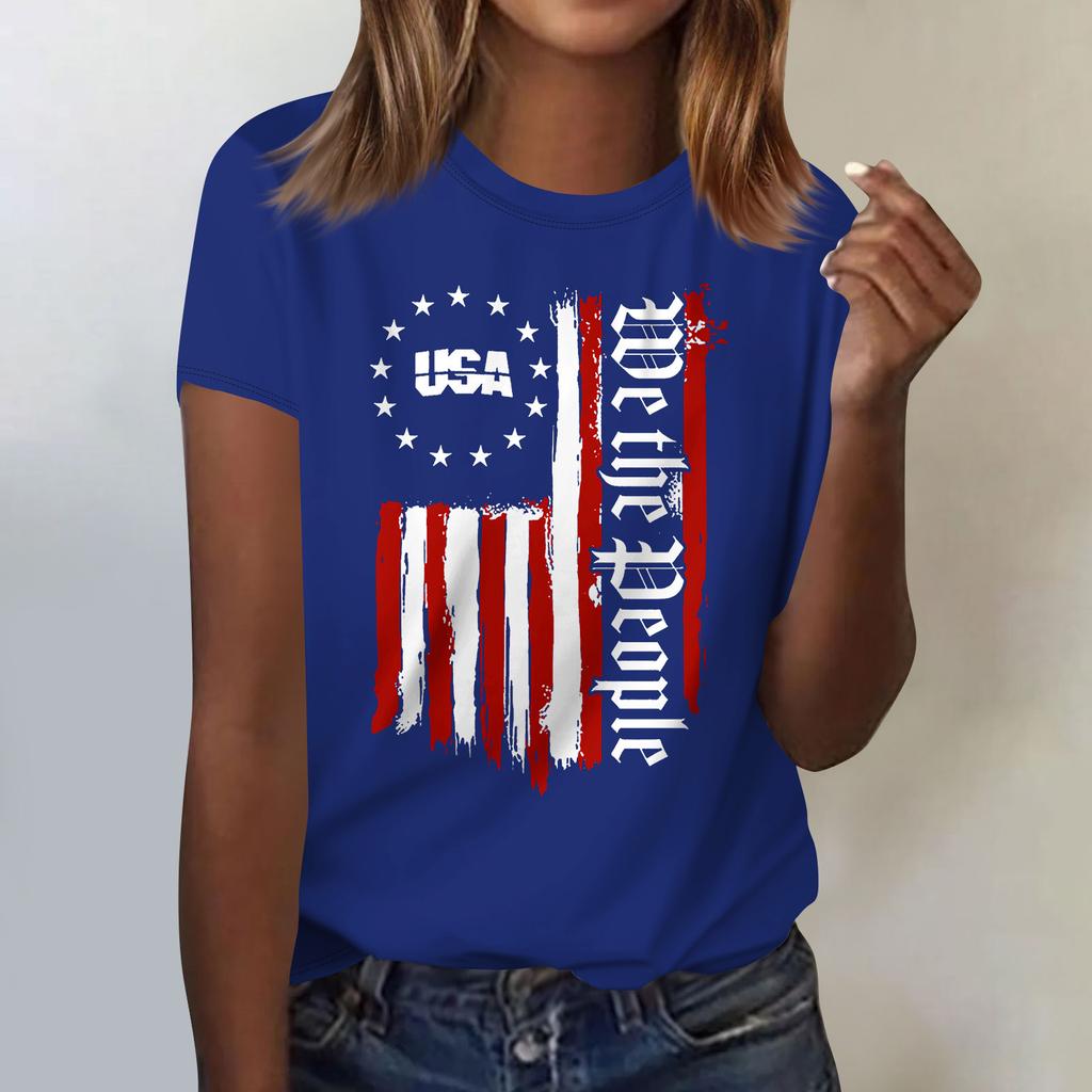 Women's Casual Independence Day Printed T-Shirt Round Neck Pullover Short Sleeve Top