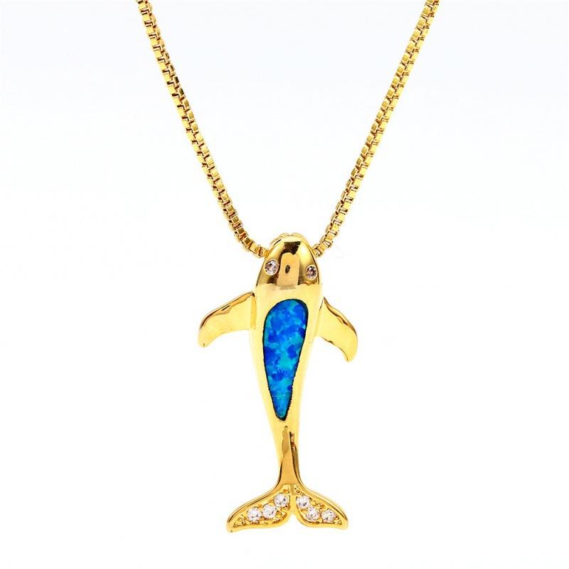 Gold Platinum Blue and White Opal Three-dimensional Whale Pendant Women s Personality Versatile Necklace