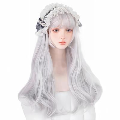 RyuuCos Lolita Wig, Long Hair, Curly Hair, Straight Bangs, Silver/Gray, Cosplay, Summer Night Glow, Natural, Harajuku Style, Heat Resistant, Disguise,
