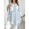 Plus Size Women Round Neck Split Flare 3/4 Sleeve Tunic Top, Light Green All Over Leaf Print Irregular Asymmetrical Hem Loose Blouse
