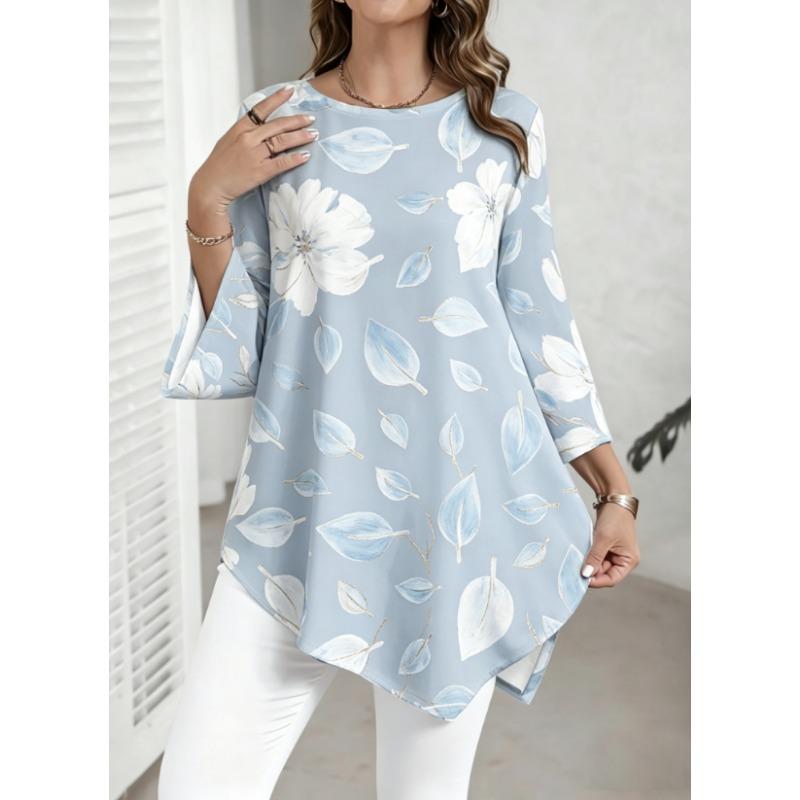 Plus Size Women Round Neck Split Flare 3/4 Sleeve Tunic Top, Light Green All Over Leaf Print Irregular Asymmetrical Hem Loose Blouse