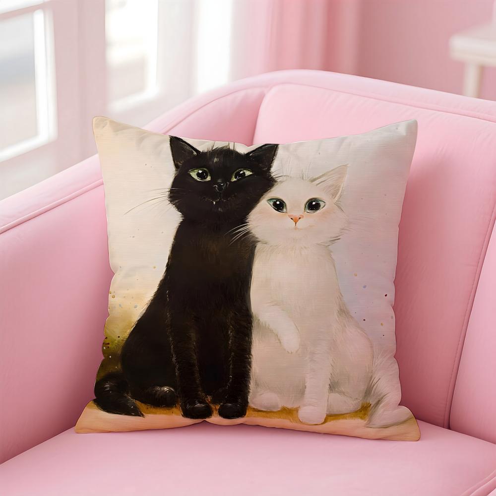 LLittle Black Cat Couple Cushion Cover Pillow Case Soft Friendly Fabric Concealed Zipper