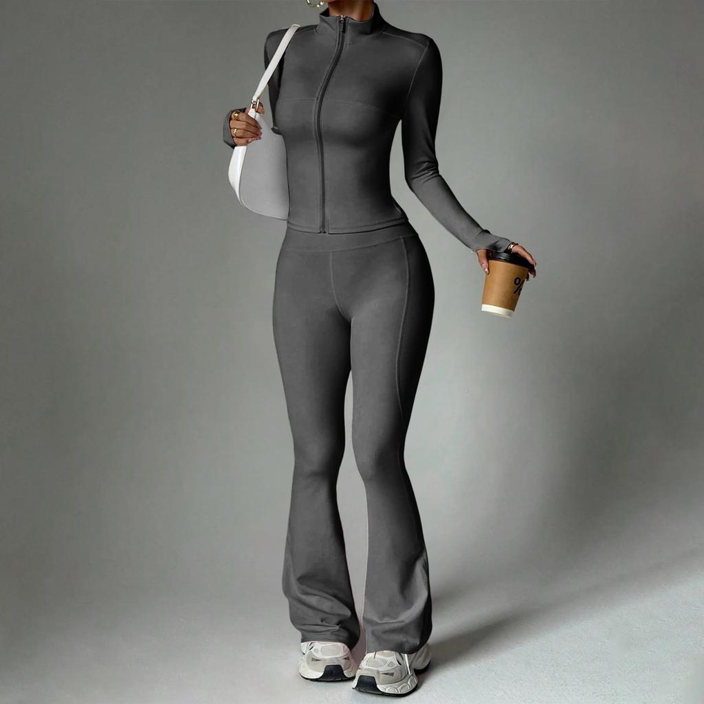 Women's 2 Piece Yoga Set with Zip-Up Long Sleeve Jacket and Flared Pants for Fitness and Training