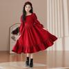 Girls Long Sleeve Dress Red Vintage Square Neck Princess Style Kids Clothing