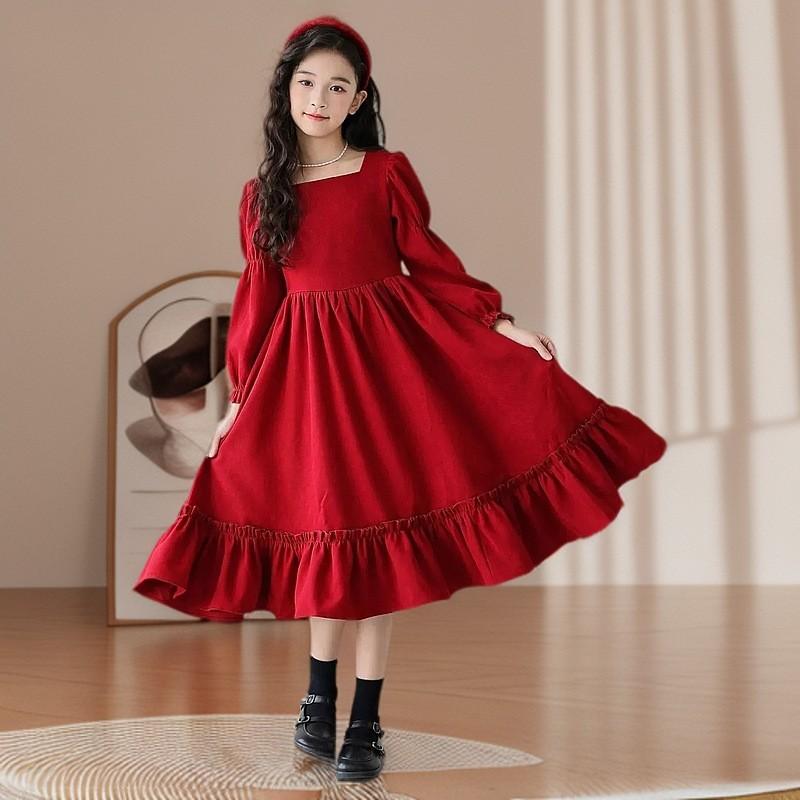 Girls Long Sleeve Dress Red Vintage Square Neck Princess Style Kids Clothing