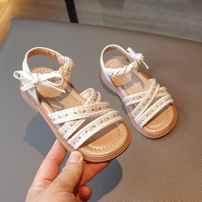 Barnsandaler Sommar Söta Broderade Blommor Flickors Flats Mode Rosett Mångsidiga Barn Prinsessa Strand Sandaler Öppen tå