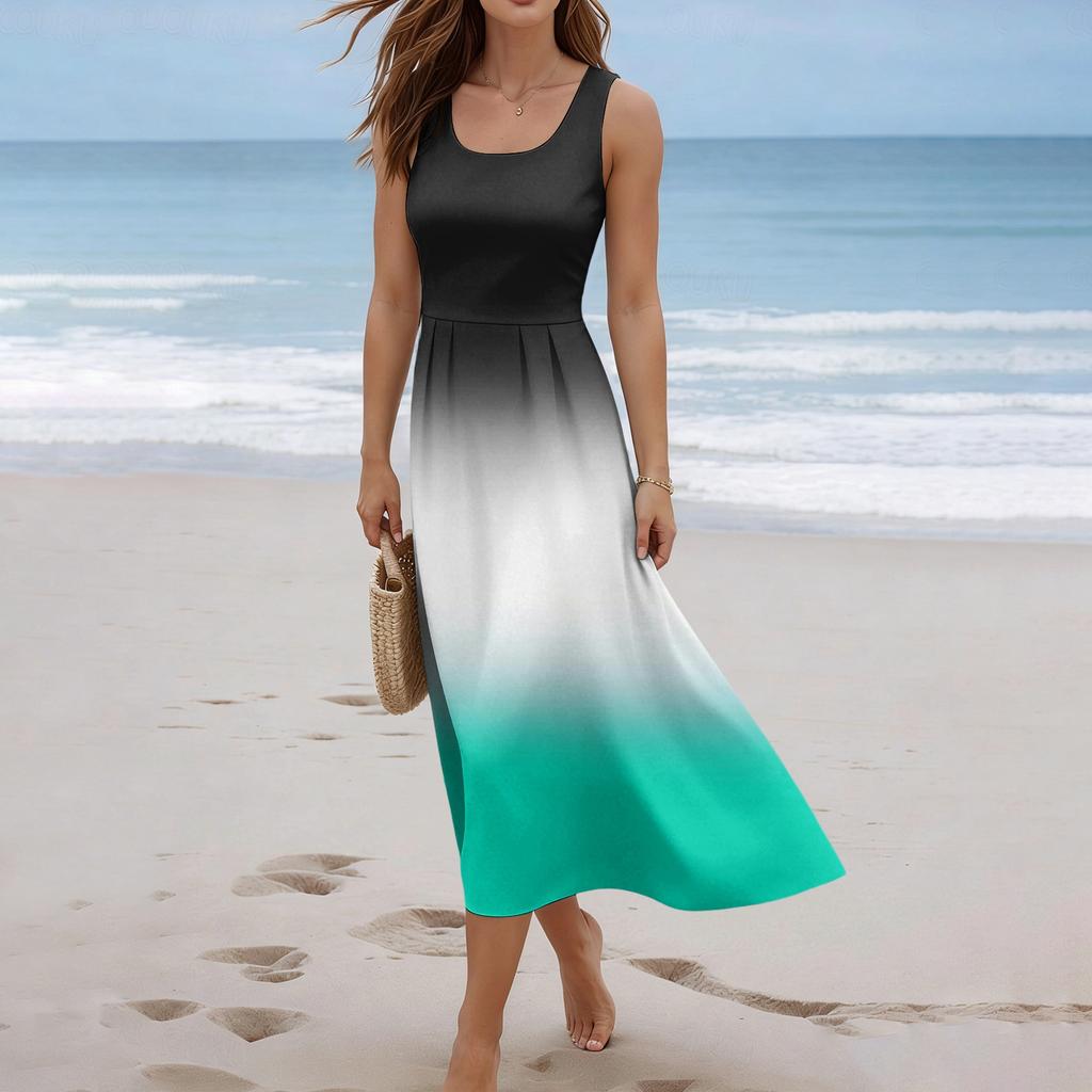 Ladies' gradient printed summer casual and fashionable sleeveless long dress