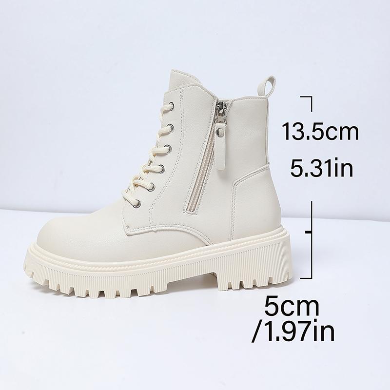 White Black PU Leather Ankle Boots Women Autumn Winter Round Toe Lace Up Shoes Woman Fashion Motorcycle Platform Botas Mujer