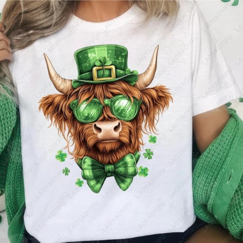 Highland Cow St Patricks Day Unisex Cotton Shirts Fun Lucky Clover Gentry Oneck Printed Tops Irish Holiday Dress Ropa Hombre