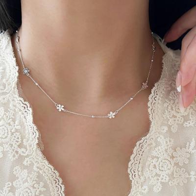 Damen 925 Silber Einfache Blume Mehrschichtige Halskette