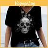 Womens 3d Skulls Print Flower Tshirts Fashion Vneck Short Sleeves Tees Summer Casual Female Clothing Loose Tops Streetwear