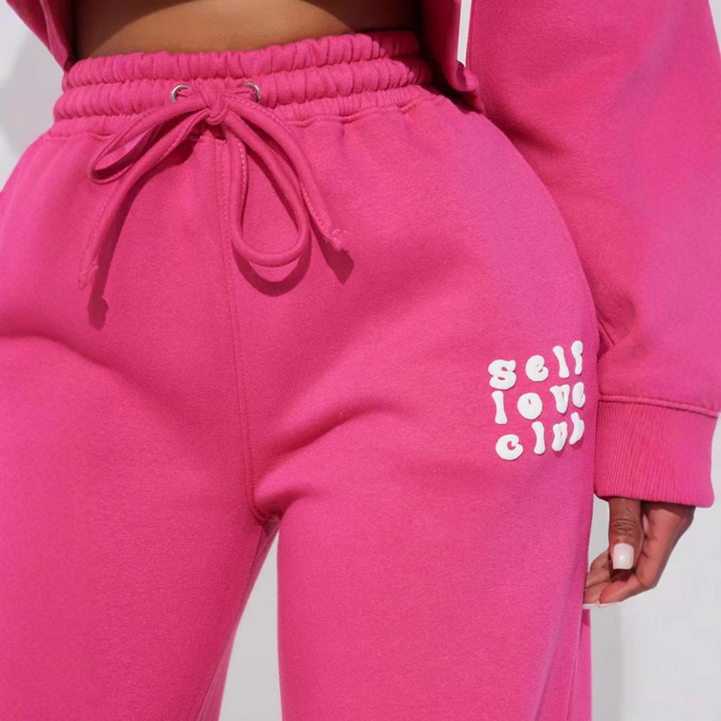2026 Autumn Women's Casual High Waist Drawstring Sweatpants, Elastic Waist Pocketed Wide-Leg Pants with Letter Print, Pink Long Trousers