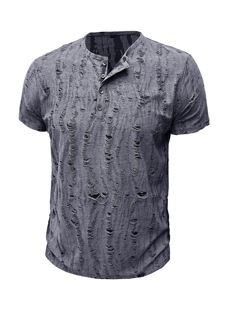 Men's Short-sleeved T-shirt Broken Holes Retro Men's Fashion Henley Shirt Men's Casual Fashion Tops Slim Fit
