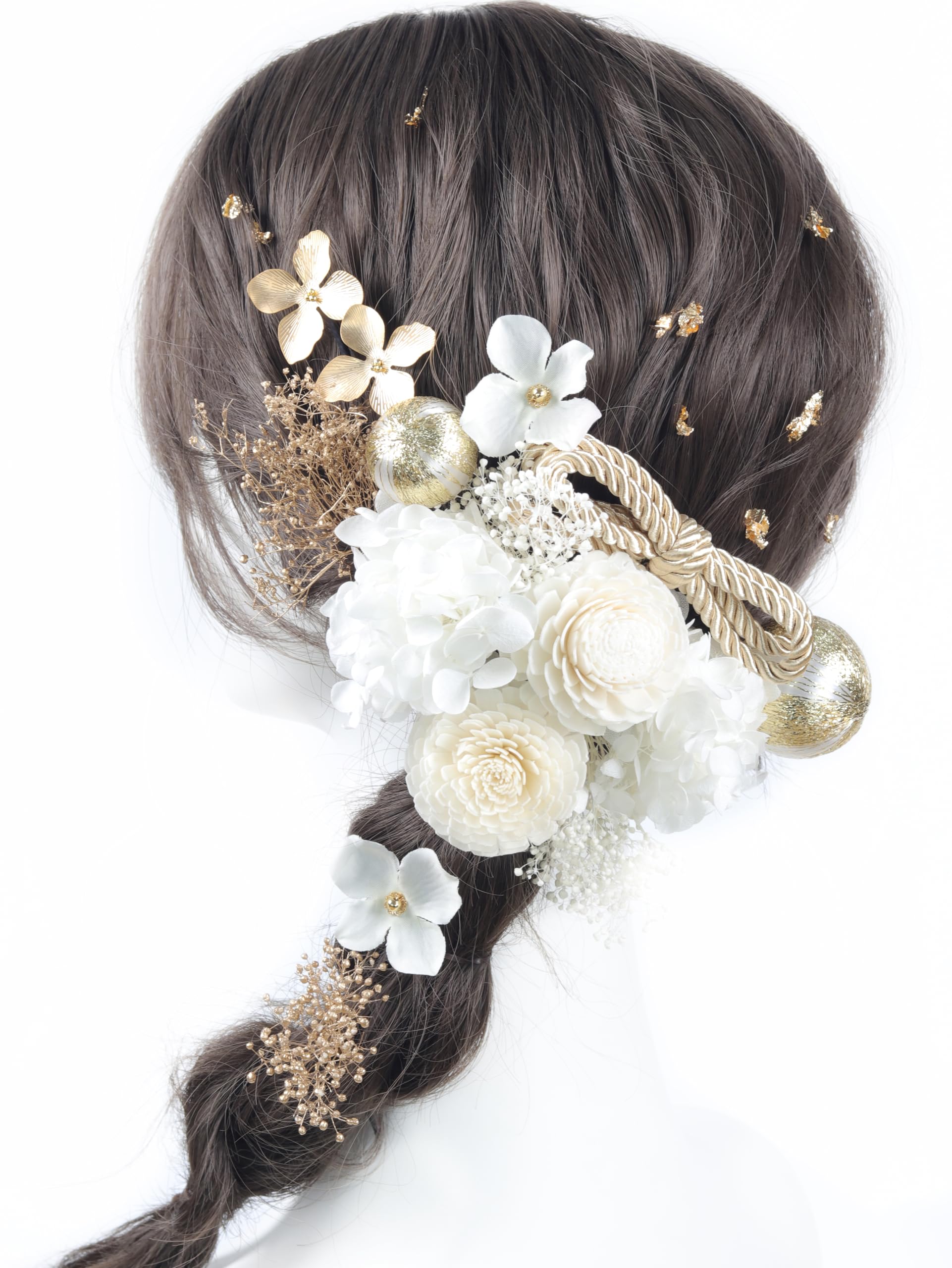 

[Handmade by NANA] Hair Accessory: Hydrangea, Baby s Breath, Solar Rose, String Ribbon, Japanese Bead, Mizuhiki, Gold Leaf. Cute. Perfect for