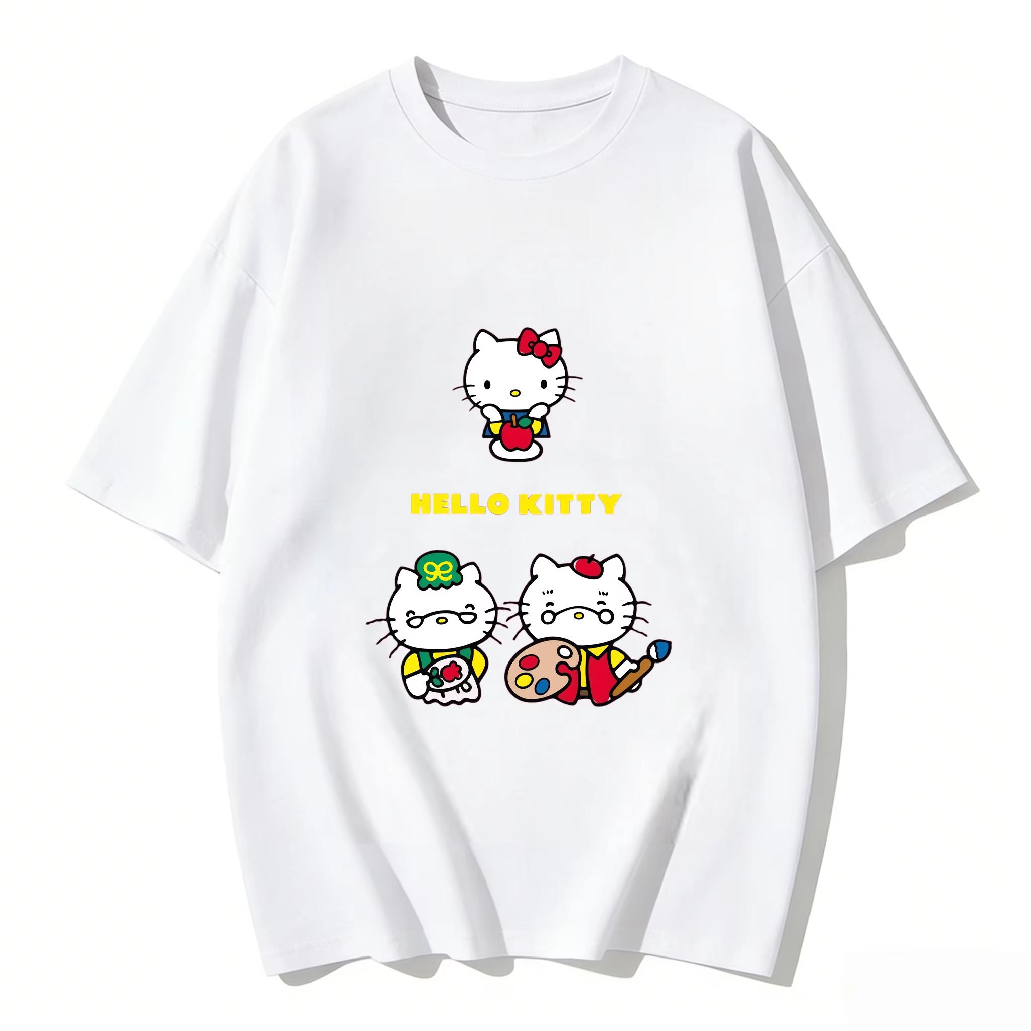 2026 Summer Hello Kitty Cartoon Printed Short Sleeve Pure Cotton Comfortable summer loosefitting Womens clothing S